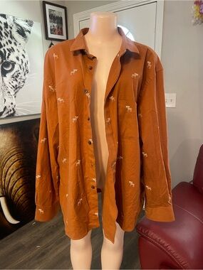 Club Room burnt orange button-up shirt all-over embroidered moose pattern XXL